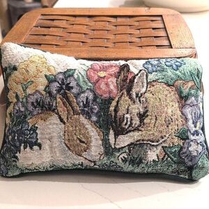 Vintage Floral Bunny Tapestry Accent Pillow Signed Linda Picken